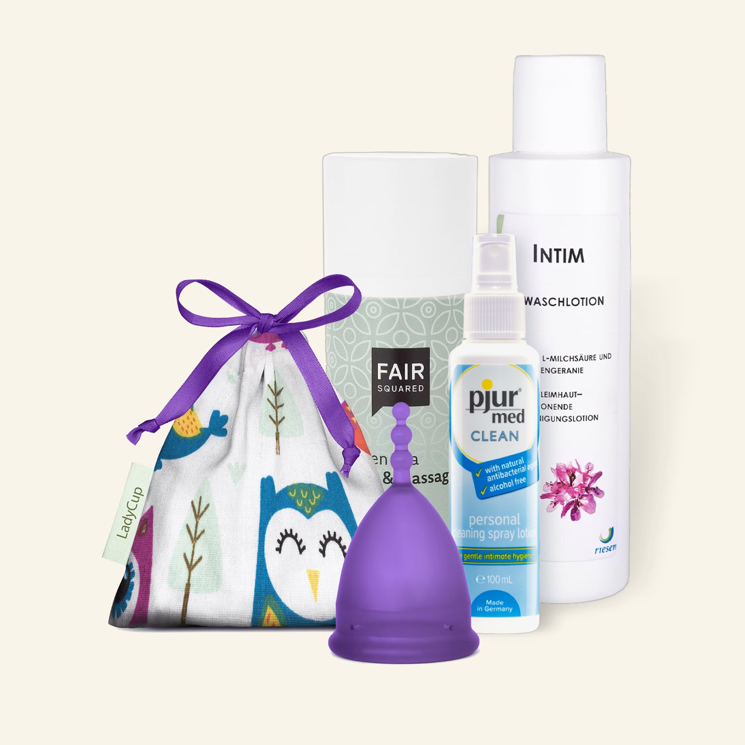 Produktebilder von Ladyplanet Menstruationstasse und Pflegemittel