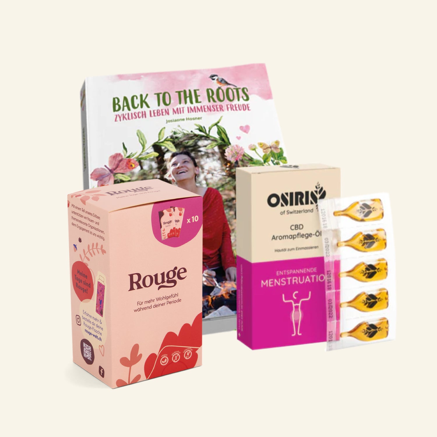 Produkteset Menstruationsschmerzen mit CBD Aromapflegeöl, Rouge Tee und Buch Back to the Roots - zyklisches Leben mit immenser Freude