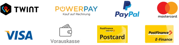 Logos Zahlungsmethoden TWINT, PowerPay, PayPal, mastercard, VISA, Vorauskasse, Postcard, PostFinance